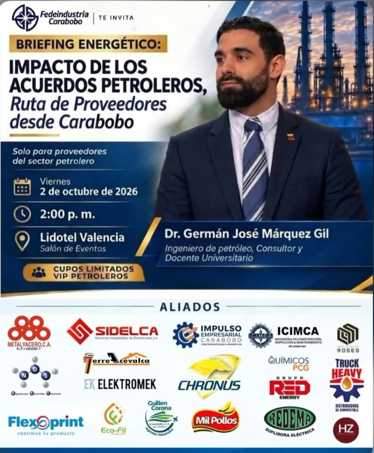 Energysmagazine's tweet photo. El Dr @prof.germanmarquez Nuestro Director General, Estará presente en @fedecamarascarabobo_oficial analizando el Impacto de los Acuerdos Petroleros. Mañana #02oct @lidotel

#energymagazineonline #noticiasenergéticas #ᴄᴀʀᴀʙᴏʙᴏ #fedecamarascarabobo

https://t.co/vxPCPgjiKL https://t.co/eeRPOIcIbs
