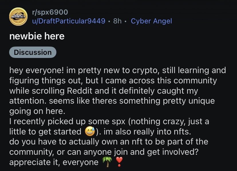 0xReadySteadyGo's tweet photo. EVERY SINGLE DAY I see a new post on r/SPX6900 from a new holder.

They are mostly new to crypto and not traders.

We are tapping into a blue ocean market and winning.

This is why $BTC dogecoin:native and $GME went uniquely big… because of Reddit. https://t.co/GQhNWbzklW