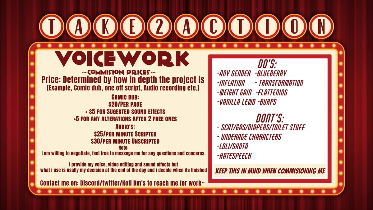 take_2_action's tweet photo. ~Commissions will open soon~

Ill be opening commissions on the 5th of October so if you want to get a comic dubbed or a audio from your truly feel free to hit me up in dm's. https://t.co/wgpKk30erb