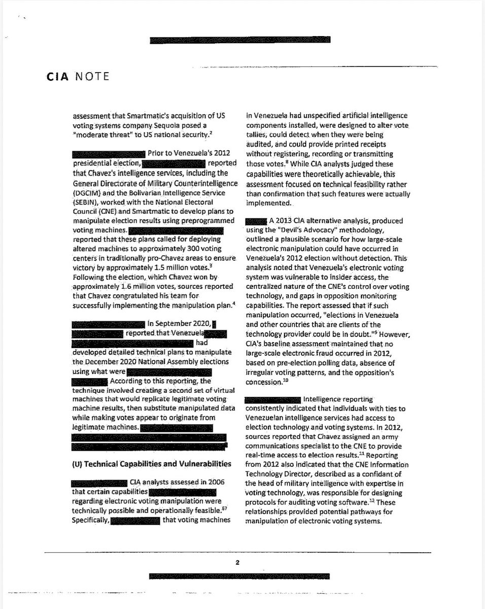 KariLake's tweet photo. They called you a conspiracy theorist. Then they released the paper that blows up their own story. 

The CIA just released a document that contradicts the CIA. Their own file on Venezuela and Smartmatic.

Their own file called Smartmatic a U.S. national-security threat in 2006. It said Chávez wanted to stop a sitting American president. It described a 2012 Venezuela rigging plan: targeted machines, a set margin, built to beat an audit. The CIA’s source reported Chavez “congratulated” the team for rigging the election with the previously set margin. Then the CIA wrote “no large-scale fraud” next to it.

Eleven years later, Smartmatic showed up in the U.S. to build L.A. County’s system for $282M — America’s largest election jurisdiction — just in time for the 2020 election. Now its executives are federally charged with bribery and money laundering on that contract.

And we are the conspiracy theorists?? 🫨🤯

1/2
