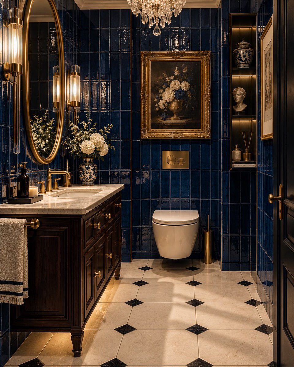 sehviyat's tweet photo. Luxurious cobalt blue bathroom design. https://t.co/PJS3vzOGI6