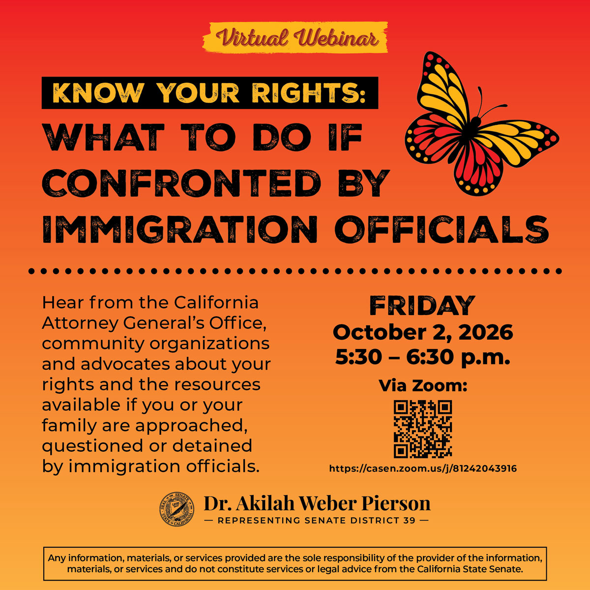 HaitianBridge's tweet photo. Join the #SenatorAkilahWeberPierson's office for a Know Your Rights webinar focused on information, resources, & support for immigrant community
🗓 Friday, October 2, 2026
🕠 5:30–6:30 p.m. PT
💻 Via Zoom
🔗 Register: https://t.co/DNpkdq31vS
#KnowYourRights #ImmigrantRights https://t.co/AAzrCkAl9y
