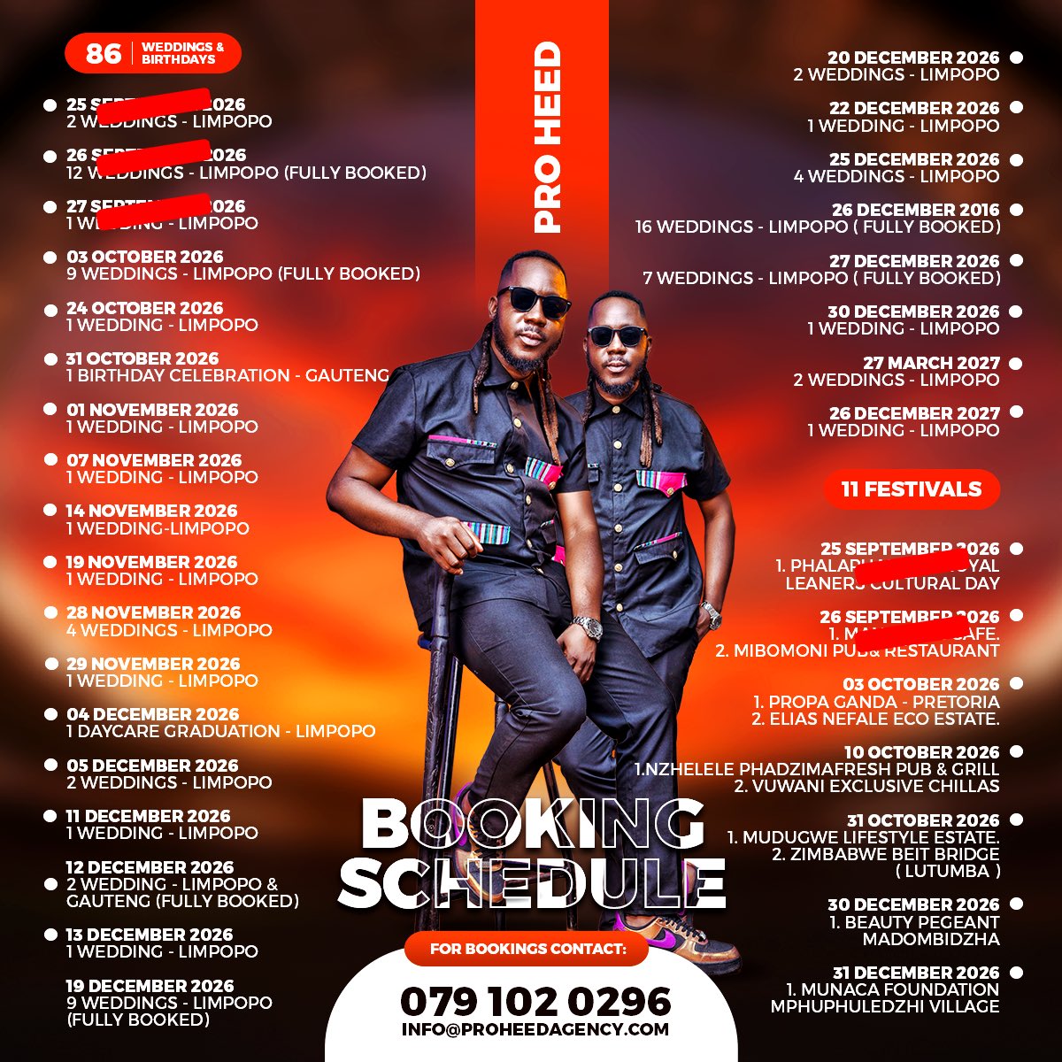 Proheed's tweet photo. My African People Kept Their Promise When They Said “No Wedding Without Pro Heed”. 
Take A Look At My Booking Schedule And Count How Many Families And Businesses Are Supporting “Auty Yadzi Love Songs”. 

What Continues To Amaze Me Is That 99% Of The People I Have Performed For, And Will Be Performing For, On Their Special Occasions Did Not Know I Was Coming. It Was A Surprise Gift From Their Loved Ones. 
The Feeling Of Being Loved And Trusted By So Many Families And Businesses Like This Is Not Normal. I Truly Love You All In Ways Words Cannot Explain. 

To My Social Media Followers: Thank You A Million Times For Liking, Commenting, And Sharing All My Videos And Posters. I Would Not Be Here Without Your Love And Support. 

For Those Who Still Wish To Book Me Before My Calendar Is Fully Booked, Please Send Your Name, Surname, Date, Venue, And Type Of Event To:
WhatsApp Business: 079 102 0296
Email: Info@Proheedagency.Com

I Cannot Wait To Make Your Special Day Even More Special And Memorable.