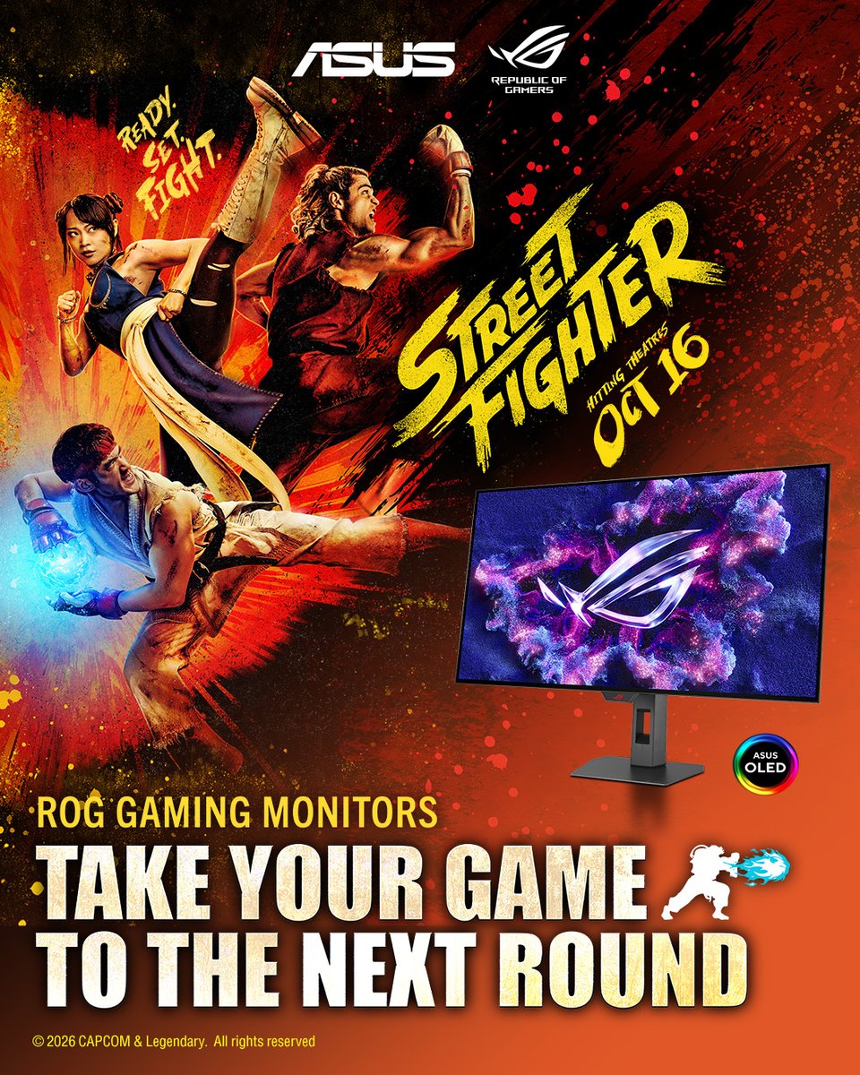 ASUS_ROGNA's tweet photo. Ready. Set. Fight!! 👊💥🥋

It's time to get hyped for the Street Fighter movie in theaters October 16th. We're preparing for the fight with limited-time deals and a custom Street Fighter movie themed ROG gaming monitor giveaway!

Learn More 👇
Join the Giveaway: https://t.co/8VcFigHlG5
Get Your Tickets: https://t.co/1ZXTcTZRQE