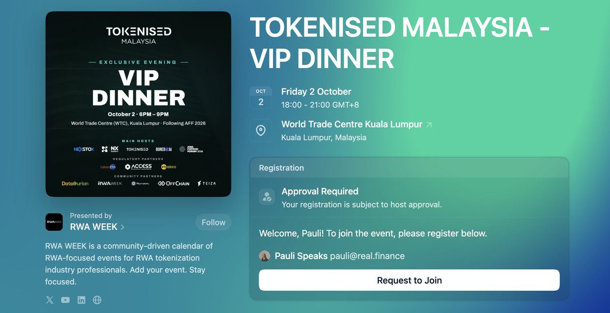 rwaweek's tweet photo. Today marks the official launch of @tokenisedglobal  MALAYSIA! 🔺

An exclusive VIP dinner and networking session taking place at the World Trade Centre Kuala Lumpur. Held in strategic partnership with the Labuan Financial Services Authority (LFSA) and right after the Asia FinTech Forum (AFF 2026), this event brings together global institutional leaders, regulators, and digital asset pioneers.   

🤝 We are proud to feature @NexStox , @PlutusVc , and @DatoDurian  as our main hosts driving high-impact discussions around Real-World Assets (RWA) and compliant security token offerings.  

 🎟️ Registration opens at 5:30 PM, followed by opening remarks at 6:15 PM and open networking through the evening: https://t.co/Cb38BVdpyY