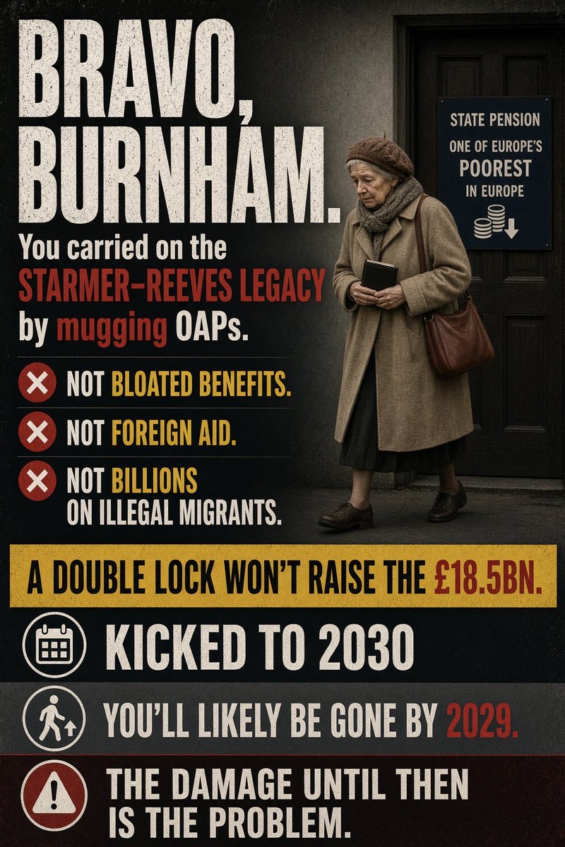 Gordonska's tweet photo. Bravo, Burnham. You carried on the Starmer–Reeves legacy by mugging OAPs. A raid on one of Europe’s poorest state pensions. Shame on you. 
➡️ You’ll likely be gone by 2029. The damage you can do until then is the real problem. https://t.co/DO20SRud3m