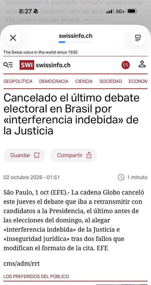 ClauAker's tweet photo. Começa a pipocar na imprensa internacional…
“Último debate eleitoral no Brasil é cancelado por interferência indevida da justiça” https://t.co/vGGa1ovPj9