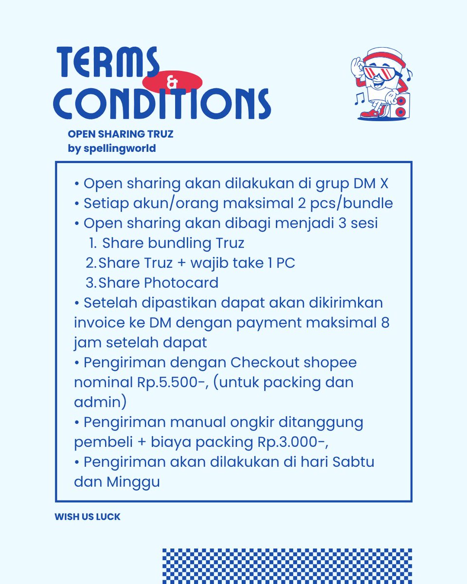 spellingworld's tweet photo. Halo teume! 
T&C + pricelist untuk war Truz hari ini aku drop dibawah ini ya.

Jadi nanti kita open share di grup di DM X yg linknya akan aku share disini jadi
Silahkan masuk ke grupnya 🫶🏻

Before joining, please check the pricelist & read the T&C terlebih dahulu yaa.

Good luck war semuanya!! 
semoga dapat TRUZ yang diincar 🥹🧸🤍
See you at 10 AM! https://t.co/yKEyl5tn80