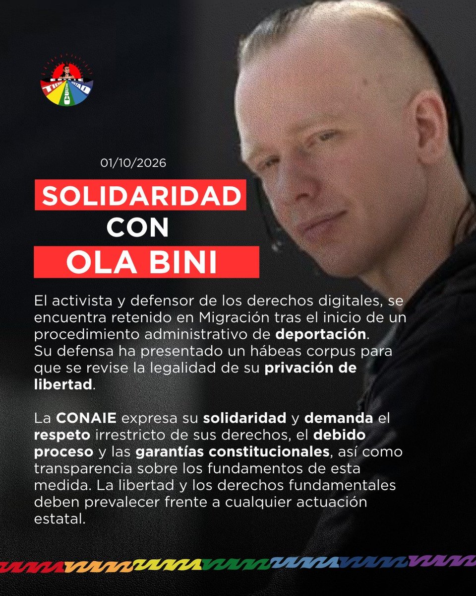 CONAIE_Ecuador's tweet photo. ⭕ #ATENCION | En relación a la situación de Ola Bini, la CONAIE demanda respeto a sus derechos, al debido proceso y a las garantías constitucionales, así como transparencia sobre el procedimiento iniciado en su contra.

#FreeOlaBini #OlaBini #Conaie https://t.co/dZT6dWAQk2