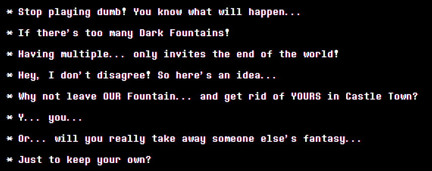 SocratcQuestion's tweet photo. @MiquellaEnjoyer @Dekidus_ @redram_aoi susie's whole arc throughout the dark world of ch5 consists of Flowery challenging her belief that the Castle Town dark world can fix everything, the narrative is clearly meant to point you to think about how it could be wrong to keep the Castle Town fountain open https://t.co/405rvJdeBf