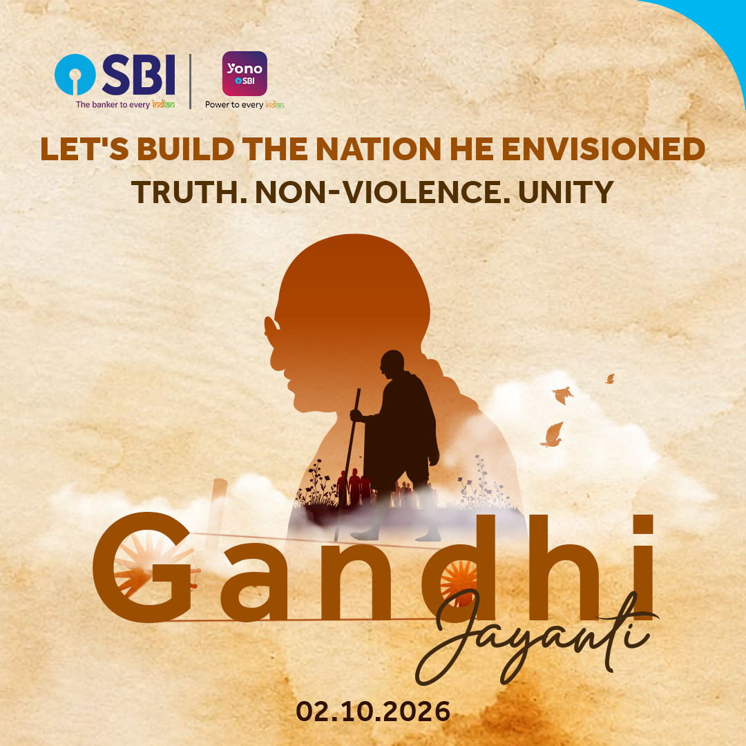 TheOfficialSBI's tweet photo. A nation is shaped not only by what it achieves, but by the values it chooses to uphold.

Mahatma Gandhi envisioned an India rooted in truth, guided by non-violence and strengthened by the spirit of unity.

This Gandhi Jayanti, let us honour his legacy by carrying these values forward.