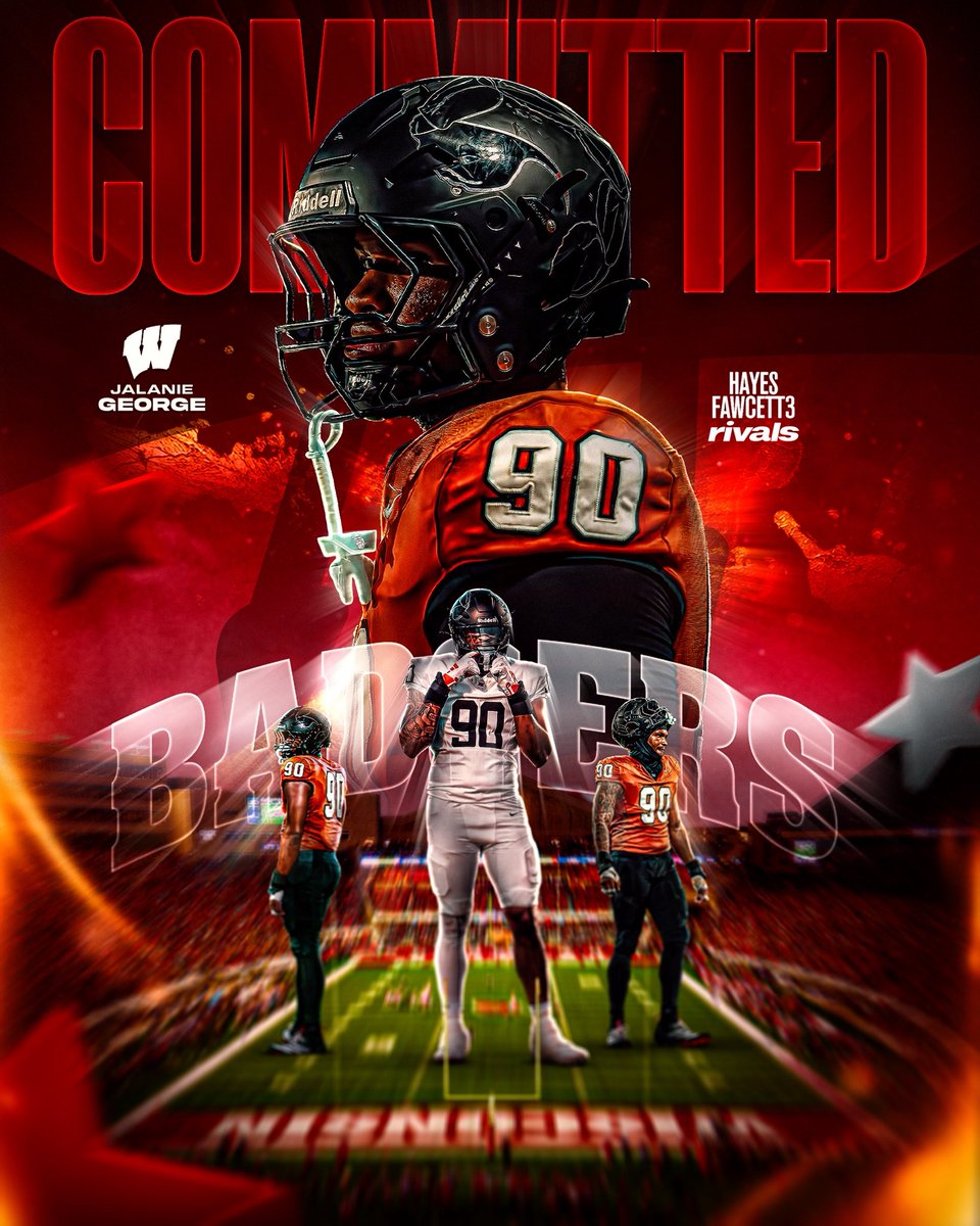 Hayesfawcett3's tweet photo. BREAKING: Elite 2028 EDGE Jalanie George has Committed to Wisconsin, he tells me for @Rivals

The 6’4 250 EDGE chose the Badgers over Washington, Auburn, and Miami

He’s ranked as a Top 25 Recruit in the 2028 Rivals Industry Rankings

“AGTG Go Badgers 🦡”

https://t.co/Uq2s6P5Sii https://t.co/Gv7S0Nlv3y