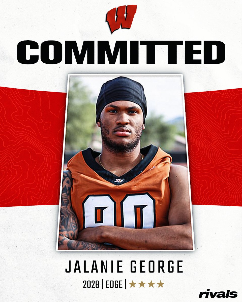Rivals's tweet photo. 🚨BREAKING🚨 Elite EDGE Jalanie George has committed to Wisconsin🦡

George ranks No. 23 NATL (No. 6 EDGE) in the 2028 class.

Read: https://t.co/9t4y43sdSW https://t.co/J0XbDQdsQP