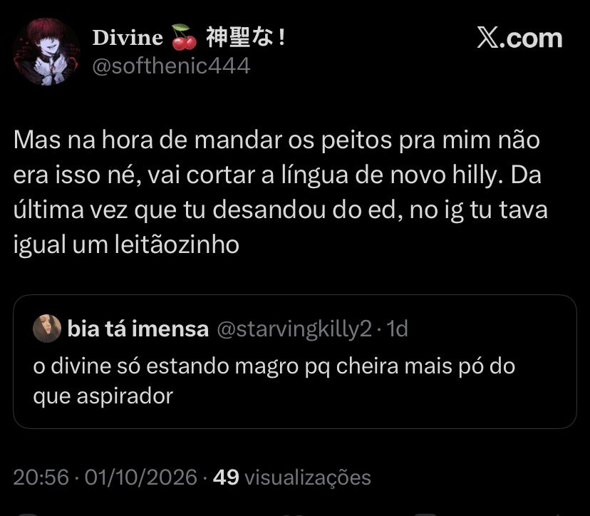 starvingkilly2's tweet photo. facílimo falar da pessoa e bloquear, tava igual um leitãozinho sim, e aí? pelo menos não tô cheirando pó, e outra, mandei meus peitos pq quis, você me infernizou um monte por coisa que eu nem fiz e agora tá querendo falar coisa https://t.co/dIvr9WJfPW