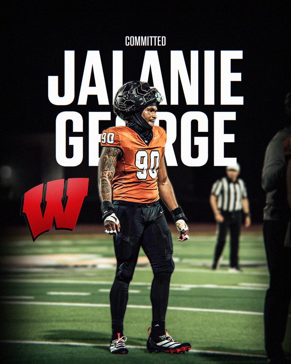TheUCReport's tweet photo. Breaking: Jalanie George, the No. 15 overall prospect and No. 4 DE in the SC Next Jr. 300, just committed to Wisconsin @JalanieGeorge15 

He picked the Badgers over Auburn, Miami, and Washington. George stands 6’5” 245lbs 😳 https://t.co/4NlFZQiI1e