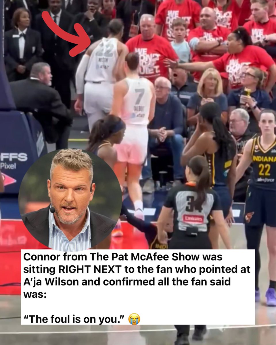 EspBen24's tweet photo. Connor from the Pat McAfee Show was sitting right next to the Fever fan A’ja Wilson confronted…and he confirmed the fan’s claim.

According to Connor, the fan was ONLY saying, “The fouls on you!” 👀

That adds a whole different layer to what happened. 🏀🔥

#AjaWilson #CaitlinClark #IndianaFever #WNBA #FeverFamily #WNBAPlayoffs #Basketball
