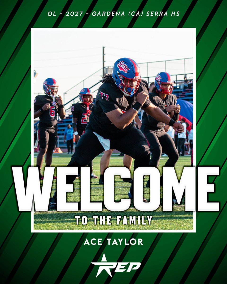 REPFootballRec's tweet photo. Locked In and Ready to Go 🔒    

Welcome to the REP Football Family, @ace_taylor77 

Excited to have the 2027 OL from Gardena (CA) Serra HS on board and ready to get to work.    

#REPFootball #everyREPmatters #FootballRecruiting https://t.co/2BV5qFmwQF
