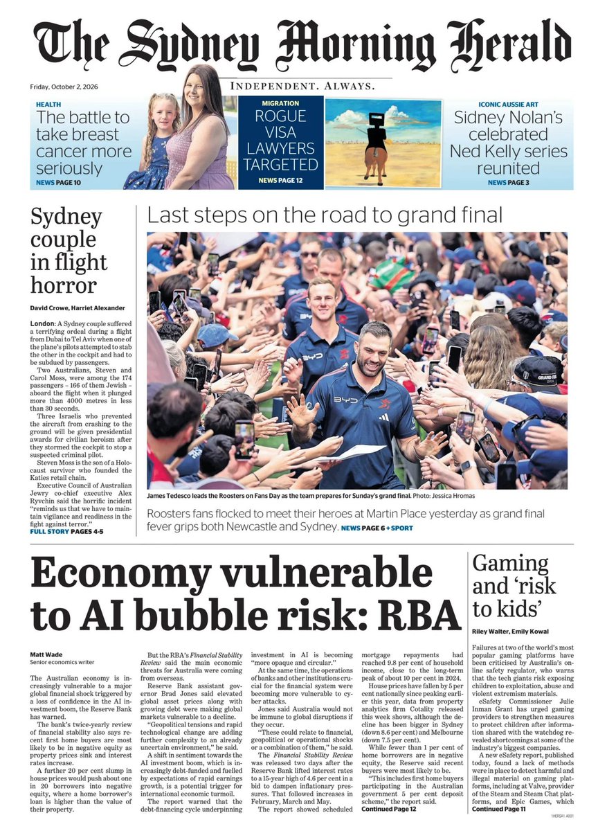 vittart75's tweet photo. Australie. La Banque centrale #RBA dit que la principale menace sur la stabilité financière vient de l'étranger : conflits mondiaux insolubles, climat et éclatement potentiel de la bulle #IA alimentée par des anticipations de croissance rapide et financée par la dette. #Bullock https://t.co/m7pS2pGrlE