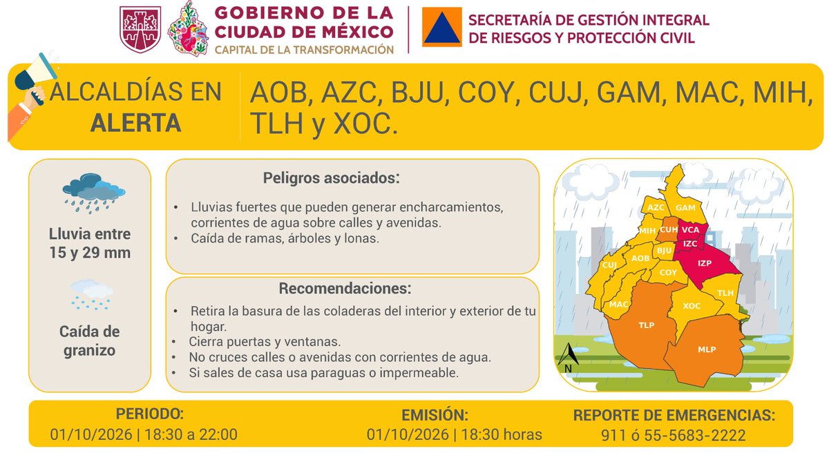 SGIRPC_CDMX's tweet photo. ⚠️🌧 Se mantiene #AlertaAmarilla por persistencia de #lluvias fuertes y posible caída de #granizo para la tarde y noche del jueves 01/10/2026, en las demarcaciones: @AlcaldiaAO, @AzcapotzalcoMx, @Alcaldia_Coy, @cuajimalpa_gob, @TuAlcaldiaGAM, @ALaMagdalenaC, @AlcaldiaMHmx, @TlahuacRenace y  @XochimilcoAl.

Atiende las recomendaciones y mantente informado.

#PronósticoDelTiempo #LaPrevenciónEsNuestraFuerza