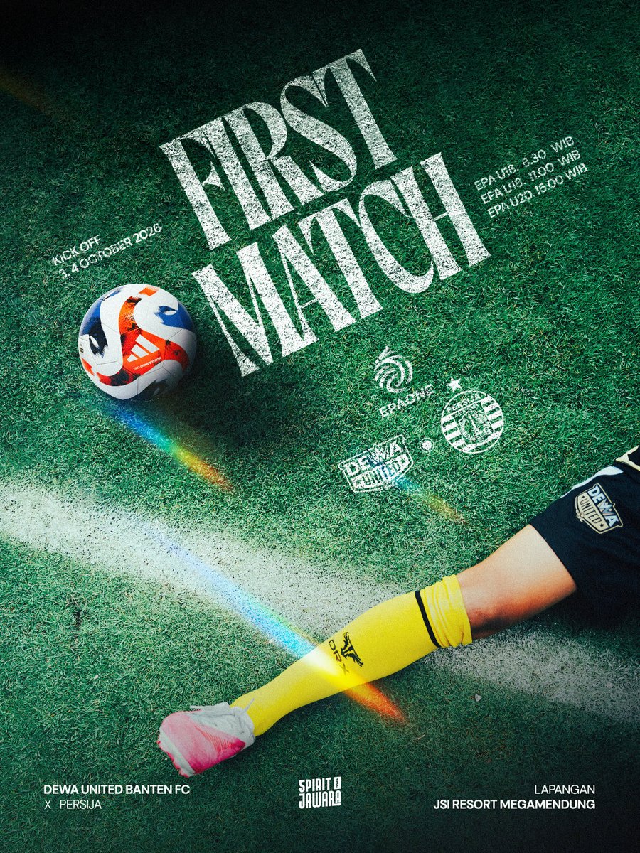 dufcdevelopment's tweet photo. First Match EPA One 2026/2027.

⚽ DEWA UNITED FC VS PERSIJA 
📆  3 Oktober- 4 Oktober 2026
🏟 JSI Resort Megamendung, Bogor
🕖 U16. 8.30 | U18. 11.00 WIB | U20. 15.00 WIB

#DewaUnitedFCDevelopment https://t.co/F60TlNIdVN