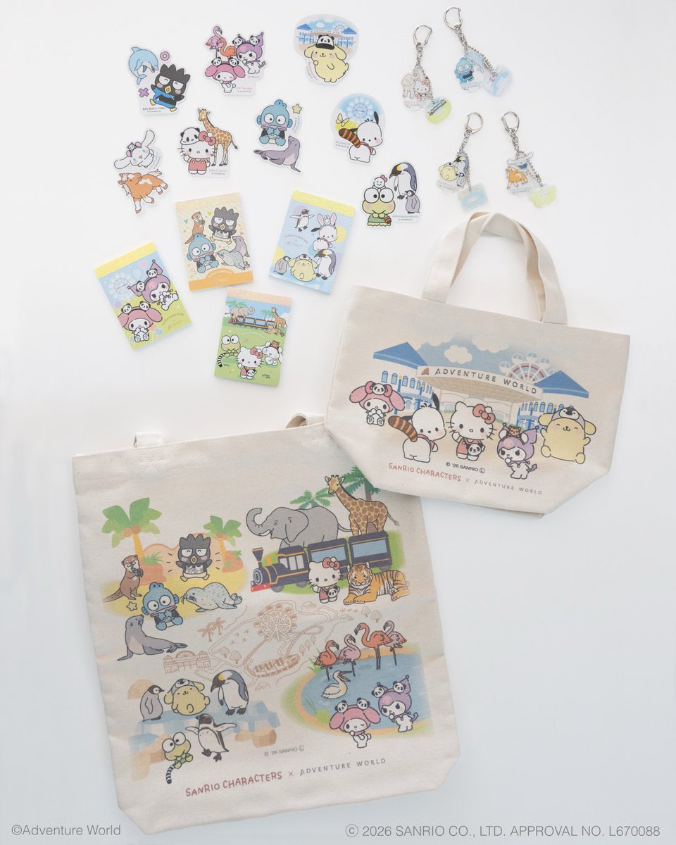 aws_onlineshop's tweet photo. ＼ ついにオンライン販売スタート！ ／
🎀アドベンチャーワールド × サンリオキャラクターズ🎀
パークやPOP-UPストアで大好評のコラボグッズが、満を持してオンラインショップに登場します🎉キュートな動物たちとキャラクターが一緒に過ごす、ここでしか手に入らない特別なアイテムです 🍀遠方でなかなか足を運べなかった皆さま、大変お待たせいたしました！ぜひこの機会にゲットしてくださいね🛒✨
🎁販売商品
・アクリルスタンドキーホルダー（4種）
・4Ｐメモ
・縦型トートバッグ（Ｌサイズ）
・ランチトート
・ステッカー（8種）
🗓️ 10月3日(土) 11:00〜 発売開始！
▽ 購入ページはこちら
https://t.co/HDM1fqwE5T

※数には限りがございます。
※各商品、お一人様あたりの個数制限がございます。
※売り切れ次第販売終了いたします。
※取扱商品は予告なく変更する場合がございます。
#アドベンチャーワールド #サンリオキャラクターズ