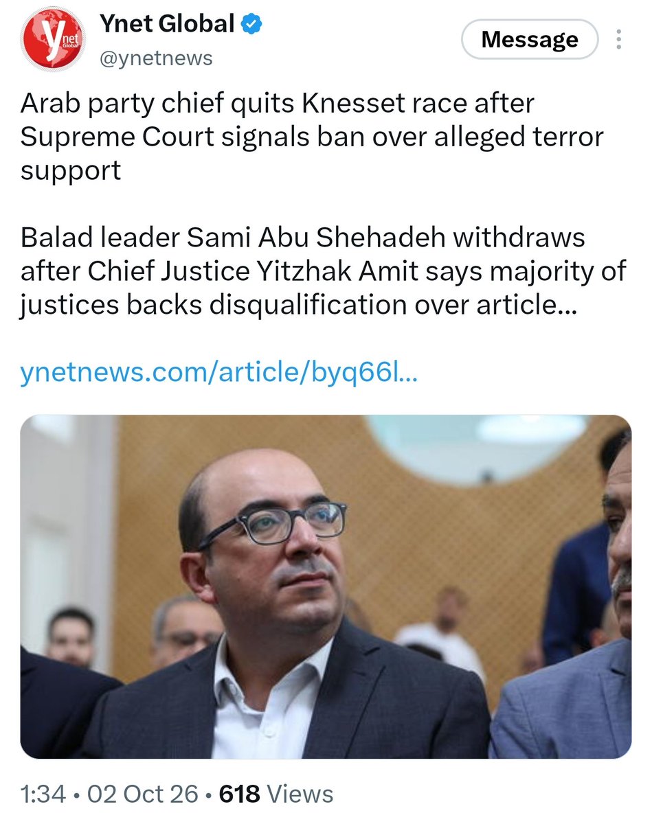 ireallyhateyou's tweet photo. The Israeli Supreme Court had made the leader of Balad party, Sami Abu Shehadeh, "an offer he couldn't refuse", forcing him to "quit" from election race. Meanwhile, Ben Gvir is openly planning to arrest and torture him. This is done with the support of every single Jewish member of the Knesset except for Ofer Cassif, who might also be banned from running.

The last remains of Israel's "democracy" charade had now evaporated.
