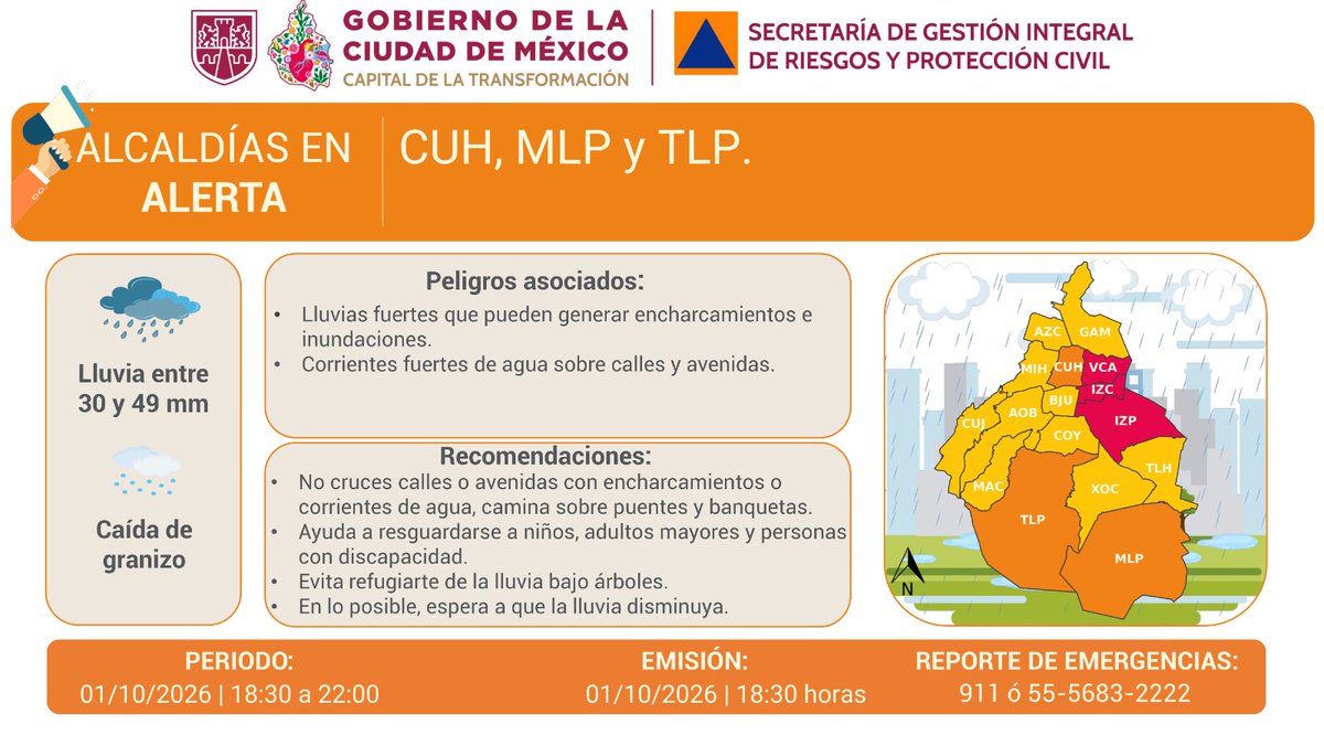 SGIRPC_CDMX's tweet photo. ⚠️🌧 Se actualiza #AlertaNaranja por persistencia de #lluvias fuertes y posible caída de #granizo para la tarde y noche del jueves 01/10/2026, en las demarcaciones: @AlcCuauhtemocMx, @AlcMilpaAlta y @TlalpanAl.

Atiende las recomendaciones y mantente informado.

#PronósticoDelTiempo #LaPrevenciónEsNuestraFuerza