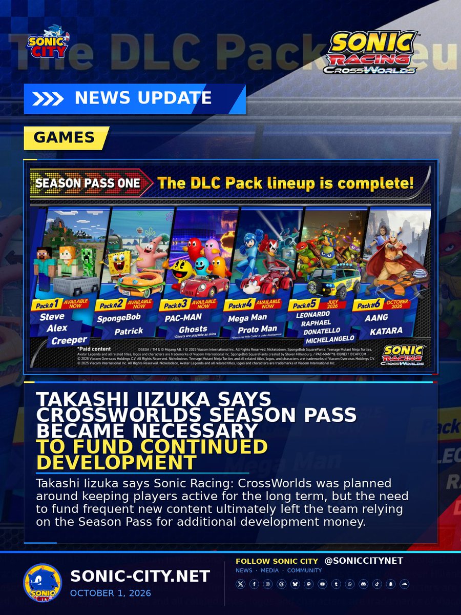soniccitynet's tweet photo. Takashi Iizuka says Sonic Racing: CrossWorlds ultimately had to rely on its Season Pass to secure additional development funding after Sonic Team initially put profits second.

Details in our article, linked in the replies!

#SonicNews | #SonicRacingCrossWorlds https://t.co/kJmmhbS8MZ