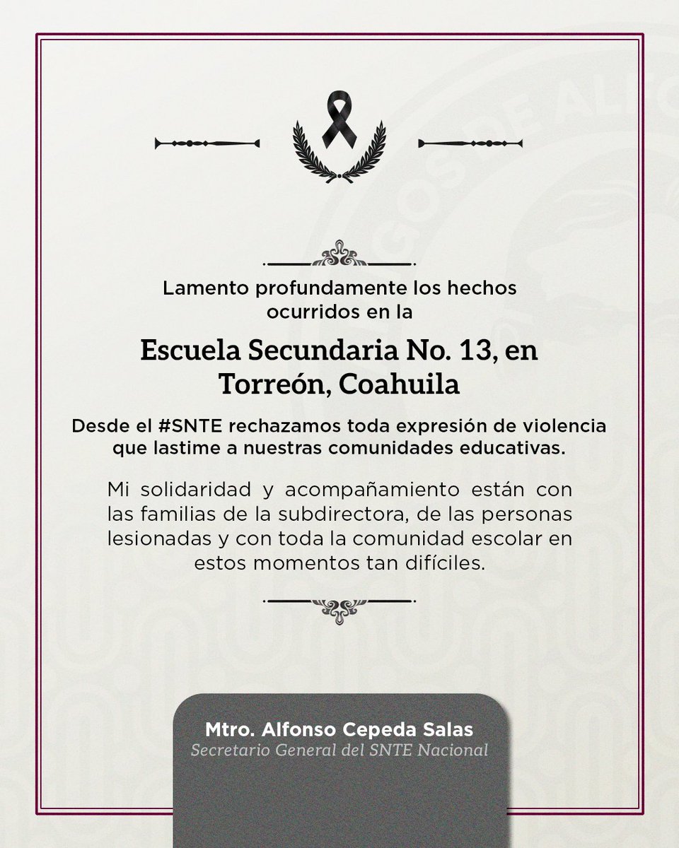 AlfonsoCepedaMx's tweet photo. Desde el @SnteNacional, rechazamos cualquier expresión de violencia que vulnere nuestras escuelas. 
Acompañamos con respeto y profundo pesar a quienes atraviesan estos difíciles momentos. https://t.co/4KsqSqsAq8