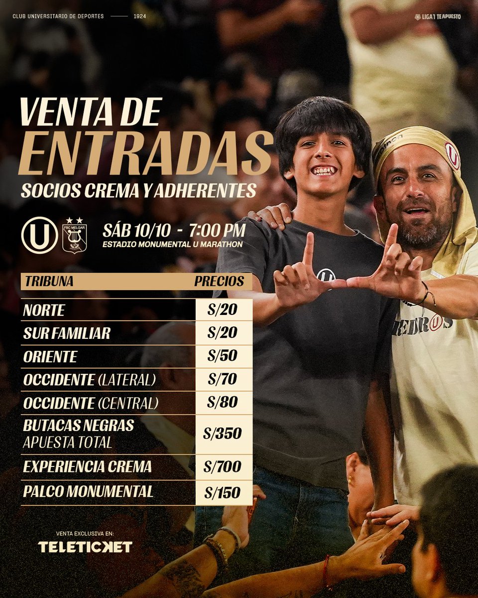 Universitario's tweet photo. 𝗘𝗟 𝗥𝗘𝗘𝗡𝗖Ⓤ𝗘𝗡𝗧𝗥𝗢 𝗘𝗦𝗣𝗘𝗥𝗔𝗗𝗢 𝗘𝗡 𝗖𝗔𝗦𝗔 💪💛

Abrimos la venta de entradas para nuestro partido ante FBC Melgar, exclusiva para Socios Cremas y Adherentes.

🏟️ Adquiere tus entradas aquí ▶️ https://t.co/QWZ2jsWGxf

#ConLaUsiempre https://t.co/Da32v5bued