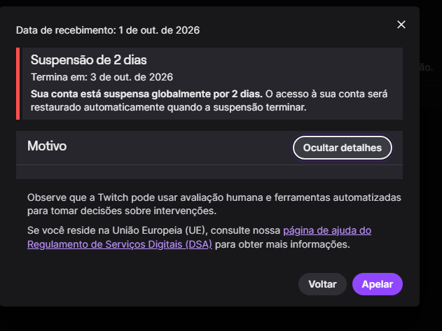 narrativando's tweet photo. Fui suspenso da Twitch
Motivo: 

Pois é não tem motivo listado.
Assim, eu imagino qual possa ser, mas como que eles não colocam isso na lista?

Fica meio estranho não ter nada listado.
Até pq o email da infração que recebi não fala nada sobre suspensão. https://t.co/uhZR1JTTiI