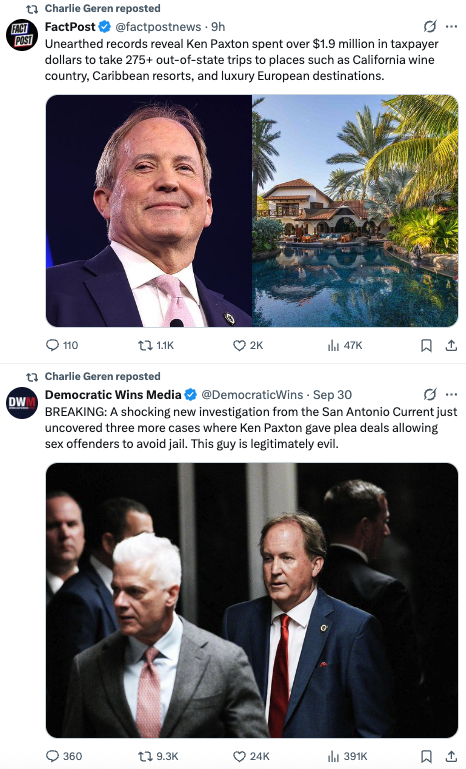 AaronBlake's tweet photo. Texas GOP state Rep. Charlie Geren is making some interesting decisions with his reposts about Ken Paxton. https://t.co/6qIzJVGvJ8