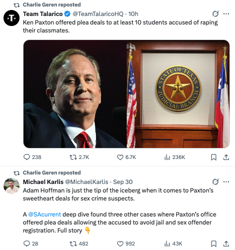 AaronBlake's tweet photo. Texas GOP state Rep. Charlie Geren is making some interesting decisions with his reposts about Ken Paxton. https://t.co/6qIzJVGvJ8