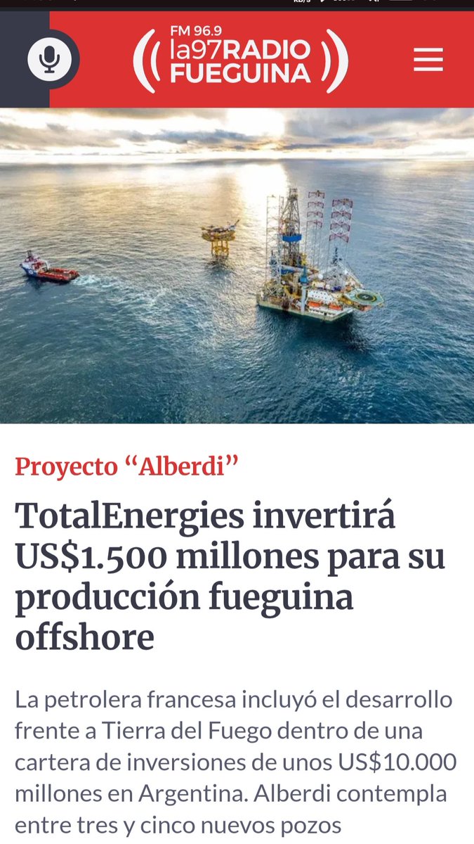 radiofueguina's tweet photo. TOTALENERGIES SUMA NUEVAS INVERSIONES EN TIERRA DEL FUEGO: Anunció que desarrollará el proyecto offshore Alberdi " por un monto de 1.500 millones de dólares.

https://t.co/LTbENbQezP https://t.co/cj818D65Op