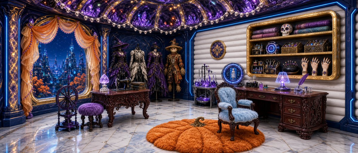 EtoileAniko's tweet photo. QT/S your Autumn Crafts.
TYFTI @StormriderStory 
All welcome 🤗 
Since I will be catching up on a lot of Autumn inspired pieces, I will share this instead.

Prompt below for those interested, feel free to alter or adjust as desired.

Vs Studio (Autumn Edition)
"A part fantasy, part futuristic,  part wood cabin, weavers room.
The room must have: two back walls, one window, a floor, and a ceiling.
The back left wall must be: a navy blue, and shimmering pastel gold marble wall, with matching columns framed in neon blue light bars, with one arched window that over looks a futuristic city on a mountain side, with many Autumn trees, at night, window framed by shimmering pastel gold, with a layered pastel pearl orange tulle petal shaped curtains lined in tiny amethyst purple pearls.
The right back wall must connect cleanly to the left back wall, and must be: a white horizontal log wall, framed by navy blue steel trim with neon blue light inlays that lights, with a built-in wall 4 level shelf, framed in shimmering pastel gold.
The floor must be: a mildly reflective, white and baby blue marble floor with diamond cut design.
The ceiling must be: a rounded reflective, purple raw crystal and black marble chapel like ceiling, spotted with small orange, purple, and green lights, structural frames made of shimmering pastel gold, and decorated in white tiny skull string lights.
Along the back left wall must be: 4 differently dressed Halloween themed mannequins, a floor standing black, and amethyst purple spindle, with matching soft fur cushion stool, and a maroon mahogany wood, rose on vine carved table, with a small sewing machine made from black pearl, a small stack of fashion books, and an small floating crystal desk lamp.
In the wall shelf of the back right wall must be: several rolls of different fabrics, a mannequin head with sugar skull mask, a semi magic semi holo tech alarm clock, a decorated box of gems, a decorated box of beads, a decorative kit of sewing supplies, a cute round black pin cushion, three creepy mannequin hands with rings and bracelets.
Along the bottom of the right back wall must be: A small magic crystal dyeing station. A large vine carved mahogany wood desk, with four drawers, an over head, semi magic, semi holo tech desk lamp, a crystal ink pot, and matching feather pen, and on the far left corner of the desk must be; a small circular sci-fi tech blue and purple portal device, with screen that shows an image of a woman in a dress not yet designed. In front of the desk must be: a vine carved mahogany framed chair, with baby blue soft, fluffy, false fur chair, lined with tiny white pearls on the frame.
On the center of the floor must be: a large, pumpkin orange, pumpkin shaped shag rug.
HD, HQ, defined edges, hyper detailed, realistic marble texture, realistic wood texture, realistic fabric textures, realistic fur textures, realistic tulle textures, realistic metal textures, realistic neon light bar textures, realistic paint textures, object placement recognition, object placement tracking, fabric placement recognition, fabric placement tracking, material placement recognition, material placement tracking, color placement recognition, color placement tracking, spacial awareness recognition, spacial awareness tracking, extreme detail recognition, extreme detail tracking, appropriate defusion spaces, high fantasy room."

~~~

#AIart #AIArtist #AIArtistCommunity #FantasyAIArt #FantasyAIEnviorment