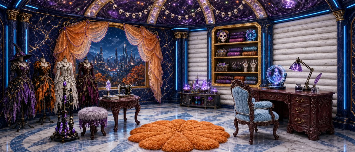 EtoileAniko's tweet photo. QT/S your Autumn Crafts.
TYFTI @StormriderStory 
All welcome 🤗 
Since I will be catching up on a lot of Autumn inspired pieces, I will share this instead.

Prompt below for those interested, feel free to alter or adjust as desired.

Vs Studio (Autumn Edition)
"A part fantasy, part futuristic,  part wood cabin, weavers room.
The room must have: two back walls, one window, a floor, and a ceiling.
The back left wall must be: a navy blue, and shimmering pastel gold marble wall, with matching columns framed in neon blue light bars, with one arched window that over looks a futuristic city on a mountain side, with many Autumn trees, at night, window framed by shimmering pastel gold, with a layered pastel pearl orange tulle petal shaped curtains lined in tiny amethyst purple pearls.
The right back wall must connect cleanly to the left back wall, and must be: a white horizontal log wall, framed by navy blue steel trim with neon blue light inlays that lights, with a built-in wall 4 level shelf, framed in shimmering pastel gold.
The floor must be: a mildly reflective, white and baby blue marble floor with diamond cut design.
The ceiling must be: a rounded reflective, purple raw crystal and black marble chapel like ceiling, spotted with small orange, purple, and green lights, structural frames made of shimmering pastel gold, and decorated in white tiny skull string lights.
Along the back left wall must be: 4 differently dressed Halloween themed mannequins, a floor standing black, and amethyst purple spindle, with matching soft fur cushion stool, and a maroon mahogany wood, rose on vine carved table, with a small sewing machine made from black pearl, a small stack of fashion books, and an small floating crystal desk lamp.
In the wall shelf of the back right wall must be: several rolls of different fabrics, a mannequin head with sugar skull mask, a semi magic semi holo tech alarm clock, a decorated box of gems, a decorated box of beads, a decorative kit of sewing supplies, a cute round black pin cushion, three creepy mannequin hands with rings and bracelets.
Along the bottom of the right back wall must be: A small magic crystal dyeing station. A large vine carved mahogany wood desk, with four drawers, an over head, semi magic, semi holo tech desk lamp, a crystal ink pot, and matching feather pen, and on the far left corner of the desk must be; a small circular sci-fi tech blue and purple portal device, with screen that shows an image of a woman in a dress not yet designed. In front of the desk must be: a vine carved mahogany framed chair, with baby blue soft, fluffy, false fur chair, lined with tiny white pearls on the frame.
On the center of the floor must be: a large, pumpkin orange, pumpkin shaped shag rug.
HD, HQ, defined edges, hyper detailed, realistic marble texture, realistic wood texture, realistic fabric textures, realistic fur textures, realistic tulle textures, realistic metal textures, realistic neon light bar textures, realistic paint textures, object placement recognition, object placement tracking, fabric placement recognition, fabric placement tracking, material placement recognition, material placement tracking, color placement recognition, color placement tracking, spacial awareness recognition, spacial awareness tracking, extreme detail recognition, extreme detail tracking, appropriate defusion spaces, high fantasy room."

~~~

#AIart #AIArtist #AIArtistCommunity #FantasyAIArt #FantasyAIEnviorment