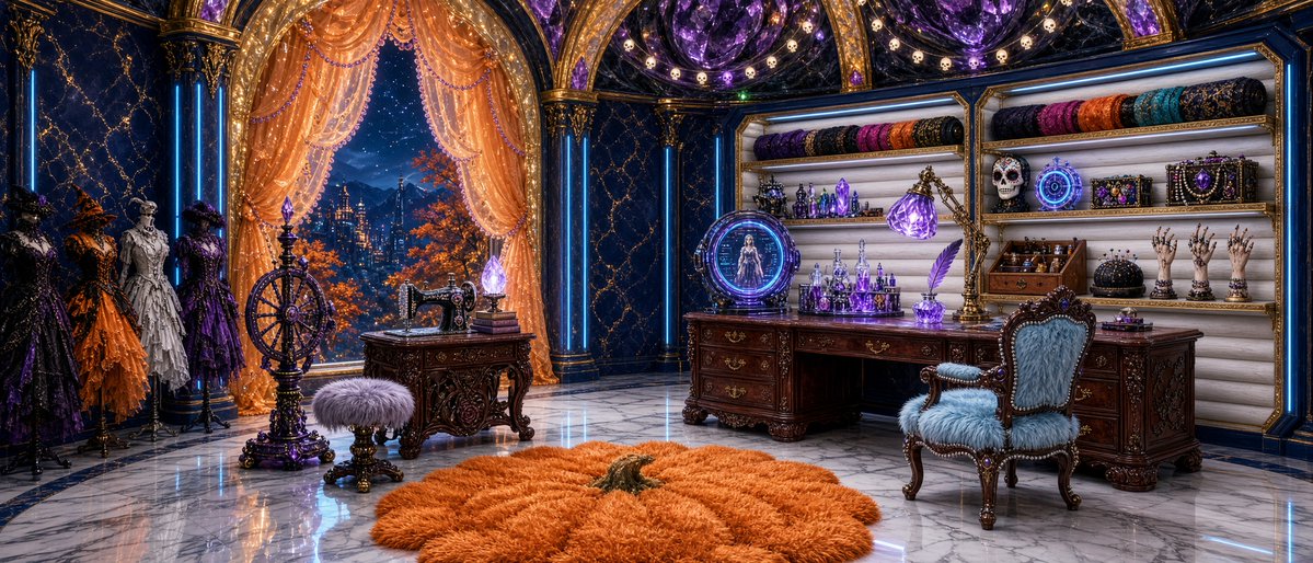 EtoileAniko's tweet photo. QT/S your Autumn Crafts.
TYFTI @StormriderStory 
All welcome 🤗 
Since I will be catching up on a lot of Autumn inspired pieces, I will share this instead.

Prompt below for those interested, feel free to alter or adjust as desired.

Vs Studio (Autumn Edition)
"A part fantasy, part futuristic,  part wood cabin, weavers room.
The room must have: two back walls, one window, a floor, and a ceiling.
The back left wall must be: a navy blue, and shimmering pastel gold marble wall, with matching columns framed in neon blue light bars, with one arched window that over looks a futuristic city on a mountain side, with many Autumn trees, at night, window framed by shimmering pastel gold, with a layered pastel pearl orange tulle petal shaped curtains lined in tiny amethyst purple pearls.
The right back wall must connect cleanly to the left back wall, and must be: a white horizontal log wall, framed by navy blue steel trim with neon blue light inlays that lights, with a built-in wall 4 level shelf, framed in shimmering pastel gold.
The floor must be: a mildly reflective, white and baby blue marble floor with diamond cut design.
The ceiling must be: a rounded reflective, purple raw crystal and black marble chapel like ceiling, spotted with small orange, purple, and green lights, structural frames made of shimmering pastel gold, and decorated in white tiny skull string lights.
Along the back left wall must be: 4 differently dressed Halloween themed mannequins, a floor standing black, and amethyst purple spindle, with matching soft fur cushion stool, and a maroon mahogany wood, rose on vine carved table, with a small sewing machine made from black pearl, a small stack of fashion books, and an small floating crystal desk lamp.
In the wall shelf of the back right wall must be: several rolls of different fabrics, a mannequin head with sugar skull mask, a semi magic semi holo tech alarm clock, a decorated box of gems, a decorated box of beads, a decorative kit of sewing supplies, a cute round black pin cushion, three creepy mannequin hands with rings and bracelets.
Along the bottom of the right back wall must be: A small magic crystal dyeing station. A large vine carved mahogany wood desk, with four drawers, an over head, semi magic, semi holo tech desk lamp, a crystal ink pot, and matching feather pen, and on the far left corner of the desk must be; a small circular sci-fi tech blue and purple portal device, with screen that shows an image of a woman in a dress not yet designed. In front of the desk must be: a vine carved mahogany framed chair, with baby blue soft, fluffy, false fur chair, lined with tiny white pearls on the frame.
On the center of the floor must be: a large, pumpkin orange, pumpkin shaped shag rug.
HD, HQ, defined edges, hyper detailed, realistic marble texture, realistic wood texture, realistic fabric textures, realistic fur textures, realistic tulle textures, realistic metal textures, realistic neon light bar textures, realistic paint textures, object placement recognition, object placement tracking, fabric placement recognition, fabric placement tracking, material placement recognition, material placement tracking, color placement recognition, color placement tracking, spacial awareness recognition, spacial awareness tracking, extreme detail recognition, extreme detail tracking, appropriate defusion spaces, high fantasy room."

~~~

#AIart #AIArtist #AIArtistCommunity #FantasyAIArt #FantasyAIEnviorment