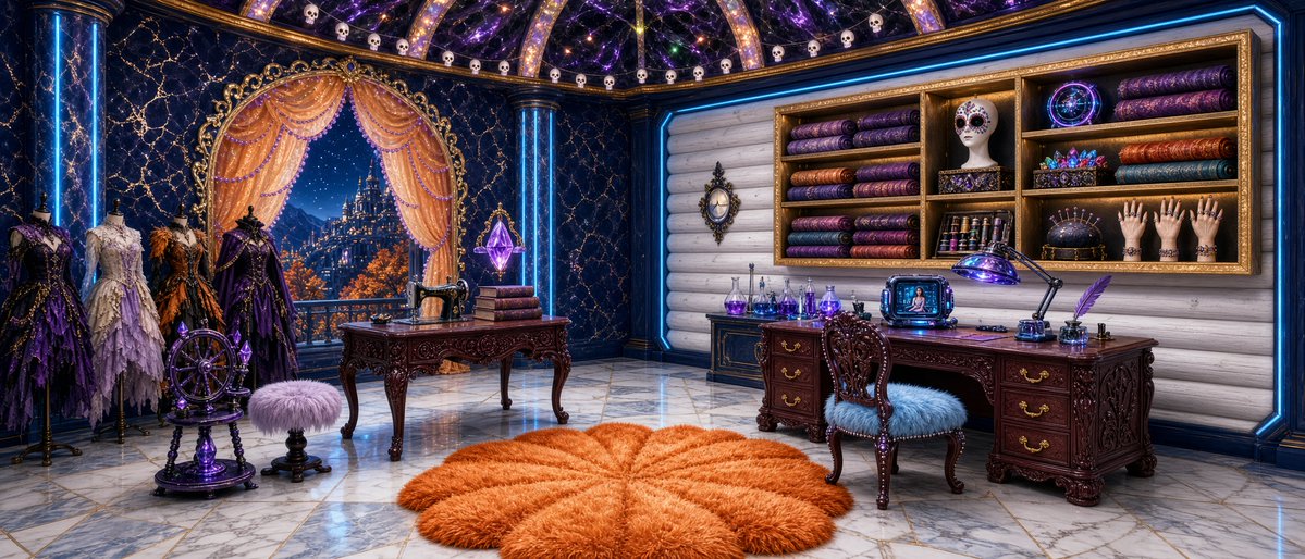 EtoileAniko's tweet photo. QT/S your Autumn Crafts.
TYFTI @StormriderStory 
All welcome 🤗 
Since I will be catching up on a lot of Autumn inspired pieces, I will share this instead.

Prompt below for those interested, feel free to alter or adjust as desired.

Vs Studio (Autumn Edition)
"A part fantasy, part futuristic,  part wood cabin, weavers room.
The room must have: two back walls, one window, a floor, and a ceiling.
The back left wall must be: a navy blue, and shimmering pastel gold marble wall, with matching columns framed in neon blue light bars, with one arched window that over looks a futuristic city on a mountain side, with many Autumn trees, at night, window framed by shimmering pastel gold, with a layered pastel pearl orange tulle petal shaped curtains lined in tiny amethyst purple pearls.
The right back wall must connect cleanly to the left back wall, and must be: a white horizontal log wall, framed by navy blue steel trim with neon blue light inlays that lights, with a built-in wall 4 level shelf, framed in shimmering pastel gold.
The floor must be: a mildly reflective, white and baby blue marble floor with diamond cut design.
The ceiling must be: a rounded reflective, purple raw crystal and black marble chapel like ceiling, spotted with small orange, purple, and green lights, structural frames made of shimmering pastel gold, and decorated in white tiny skull string lights.
Along the back left wall must be: 4 differently dressed Halloween themed mannequins, a floor standing black, and amethyst purple spindle, with matching soft fur cushion stool, and a maroon mahogany wood, rose on vine carved table, with a small sewing machine made from black pearl, a small stack of fashion books, and an small floating crystal desk lamp.
In the wall shelf of the back right wall must be: several rolls of different fabrics, a mannequin head with sugar skull mask, a semi magic semi holo tech alarm clock, a decorated box of gems, a decorated box of beads, a decorative kit of sewing supplies, a cute round black pin cushion, three creepy mannequin hands with rings and bracelets.
Along the bottom of the right back wall must be: A small magic crystal dyeing station. A large vine carved mahogany wood desk, with four drawers, an over head, semi magic, semi holo tech desk lamp, a crystal ink pot, and matching feather pen, and on the far left corner of the desk must be; a small circular sci-fi tech blue and purple portal device, with screen that shows an image of a woman in a dress not yet designed. In front of the desk must be: a vine carved mahogany framed chair, with baby blue soft, fluffy, false fur chair, lined with tiny white pearls on the frame.
On the center of the floor must be: a large, pumpkin orange, pumpkin shaped shag rug.
HD, HQ, defined edges, hyper detailed, realistic marble texture, realistic wood texture, realistic fabric textures, realistic fur textures, realistic tulle textures, realistic metal textures, realistic neon light bar textures, realistic paint textures, object placement recognition, object placement tracking, fabric placement recognition, fabric placement tracking, material placement recognition, material placement tracking, color placement recognition, color placement tracking, spacial awareness recognition, spacial awareness tracking, extreme detail recognition, extreme detail tracking, appropriate defusion spaces, high fantasy room."

~~~

#AIart #AIArtist #AIArtistCommunity #FantasyAIArt #FantasyAIEnviorment