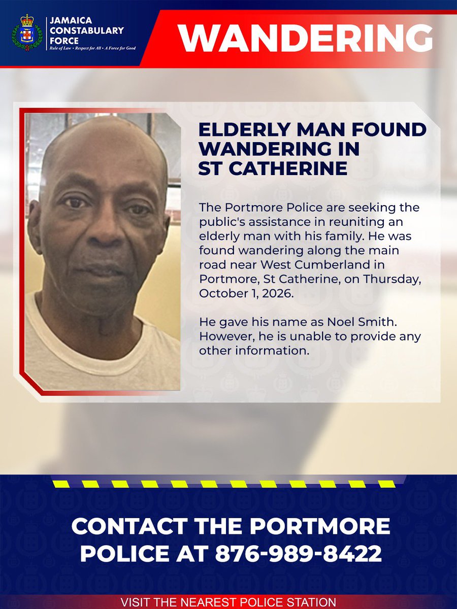 JamaicaConstab's tweet photo. The Portmore Police are seeking the public's assistance in reuniting an elderly man with his family. He was found wandering along the main road near West Cumberland in Portmore, St Catherine, on Thursday, October 1 at about 6:50p.m.
 
He gave his name as Noel Smith. However, he is unable to provide any other information.
 
Anyone with information that can assist the police in reuniting him with his family is asked to contact the Portmore Police at 876- 989-8422, the police emergency number 119, or the nearest police station.