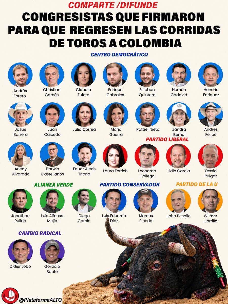 LinaGarciaSi's tweet photo. Recuerden estas caras porque son los/as congresistas que buscan legalizar nuevamente la tortura animal

Presentaron un proyecto de ley para que regresen las corridas de toros

Impresentables https://t.co/tnbB3qSWGX
