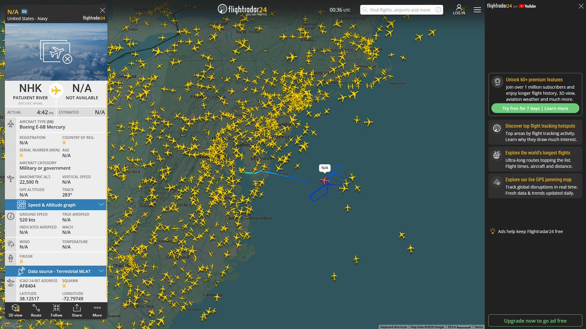 AIYeyENGDdJkjTr's tweet photo. Oct. 2, 2026
#Patuxent River NAS ==> #Western Atlantic
#NoCALLSIGN #AF8404 USN E-6B Mercury
#Tinker Air Force Base, Oklahoma City ==> #Gulf of America
#NoCALLSIGN #AEF82A USN E-6B Mercury
#Fairfield Travis Air Force Base ==>
#NoCALLSIGN #AF1D5B USN E-6B Mercury https://t.co/9HWdwTuT9b