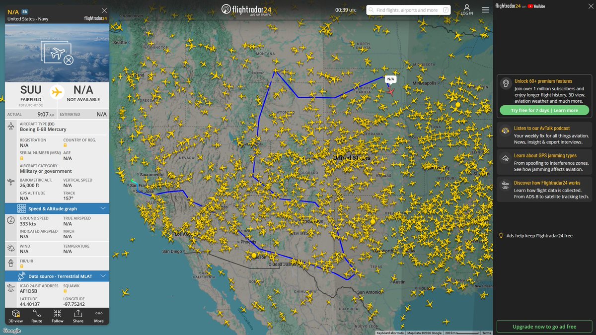 AIYeyENGDdJkjTr's tweet photo. Oct. 2, 2026
#Patuxent River NAS ==> #Western Atlantic
#NoCALLSIGN #AF8404 USN E-6B Mercury
#Tinker Air Force Base, Oklahoma City ==> #Gulf of America
#NoCALLSIGN #AEF82A USN E-6B Mercury
#Fairfield Travis Air Force Base ==>
#NoCALLSIGN #AF1D5B USN E-6B Mercury https://t.co/9HWdwTuT9b
