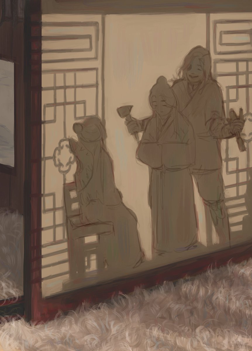 cappucosmic's tweet photo. Someone asked what it depicts, so I drew over their shadows to make it a little more clear. Xie Lian is very happy to sit and model as his San Lang teaches him about sculpting. https://t.co/VadRzbJ66I