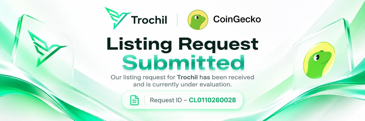 Trochil_'s tweet photo. TROCHIL × COINGECKO

Listing Request Submitted
Our listing request has been received and is currently under evaluation.

Request ID — CL0110260028 https://t.co/n6IJw4sbwQ