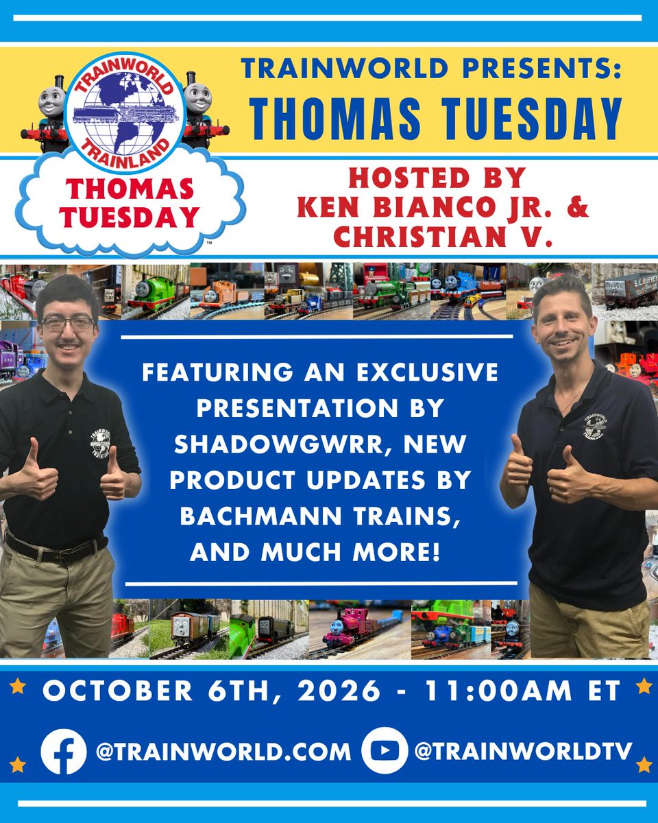Trainworld's tweet photo. Happy October! We hope you can tune in to our next Thomas Tuesday Livestream, featuring a great multi-scale presentation by  @ShadowGWR, new product updates by @bachmanntrains, and much more! We will be going live at 11AM EST next Tuesday, 10/6/26! #thomastuesday #bachmanntrains #thomasmodelrailroading