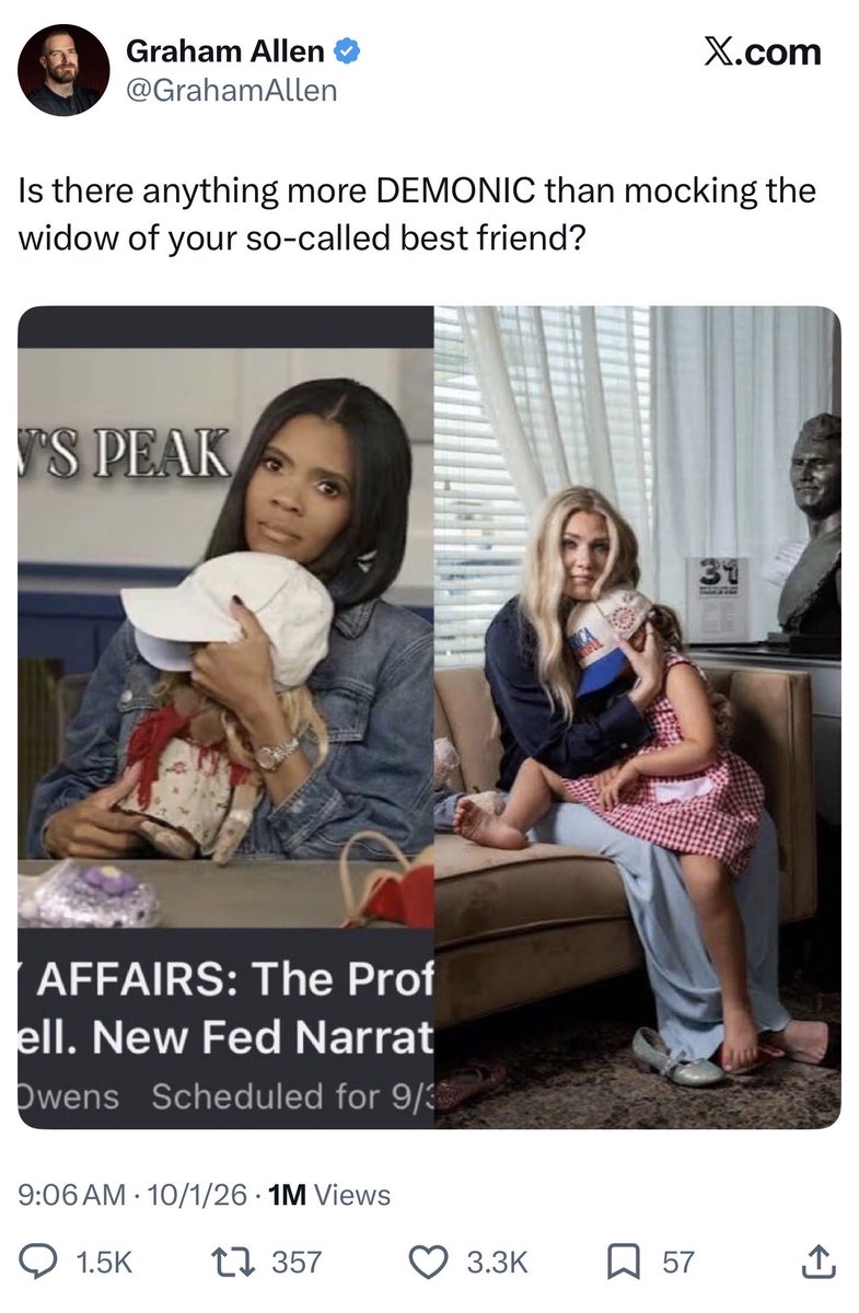 thevivafrei's tweet photo. Remember all you Candace tards…

Candace, who has (allegedly) been mourning Charlie’s death from the beginning, absolutely did not see any connection in the picture she posted to the manner in which he was brutally murdered.

It was just a doll she had in her house. And she posted it randomly and innocently.

And if you believe that, you are an idiot
