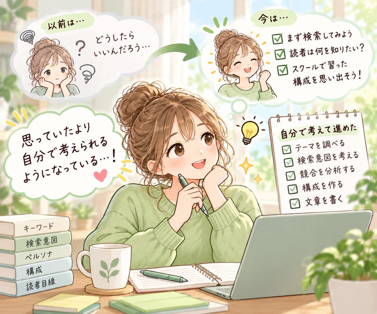 naoyoj8's tweet photo. 今回、嬉しかったのは、

「思っていたより、自分で考えられるようになっている」

と気づけたこと。

以前なら止まっていたところでも、
「まず検索しよう」
「読者は何を知りたい？」
と、次の行動を自分で考えられるようになっていました。 https://t.co/YnPMvi1CJw
