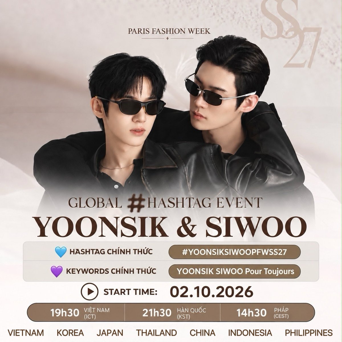 SikWoo9801's tweet photo. 🇫🇷 YOONSIK & SIWOO | PARIS FASHION WEEK SS27 MASS TREND

🇰🇷 BẮT BUỘC ĐỔI LOCATION & VPN SANG SOUTH KOREA TRƯỚC KHI TRENDING

🩵 HASHTAG CHÍNH THỨC
# YOONSIKSIWOOPFWSS27 

💜 KEYWORDS CHÍNH THỨC
YOONSIK SIWOO Pour Toujours

⏰ THỜI GIAN BẮT ĐẦU
📅 02.10.2026
• 21:30 KST | JST | Hàn Quốc, Nhật Bản
• 19:30 ICT | WIB | Việt Nam, Thái Lan, Indonesia
• 14:30 CEST | Pháp
• 20:30 CST | PHT | Trung Quốc, Philippines

⚠️ KHÔNG sử dụng HASHTAG & KEYWORDS trước thời gian trên.

#KIMYOONSIK #PARKSIWOO 
#김윤식 #박시우