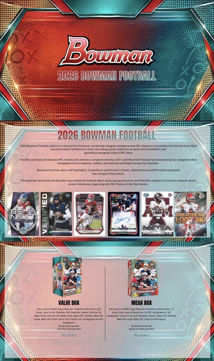 TresorSports's tweet photo. 2026 #Bowman #Football (#CollegeFootball &amp; #NFL) #Giveaway

✅ = RULES
LIKE ✅
FOLLOW ✅
REPOST ✅

Bonus Entry #2:
Name Your Favorite College Team

SEE PIC #1 FOR DETAILS
WIN UP TO 4 BOXES
More Entries = More #Giveaways

WINNERS NOTIFIED 10/6 @ 11PM PST

#FootballCards #thehobby https://t.co/pPSTK4lZd5