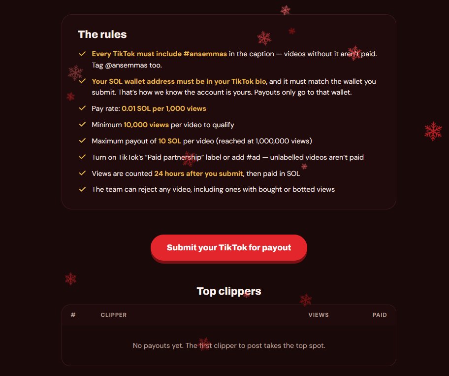 Ansemmas's tweet photo. Once your video is eligible for a payout dont forget to go in the website and fill out the form and get paid out 

Become the No1 Clipper of solana:HXxJdaQbrYRvwTAM8M8mUPyoRPvmyuUbPFBRkiAAMASS 

https://t.co/XuCyuPCzYc https://t.co/ANUN7HOwQO